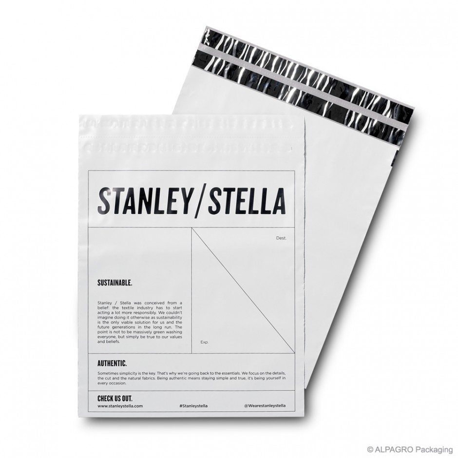 Mailing bag 'Stanley/Stella', COEX MDPE, white/grey, 80µ, 35 x 40 cm + 7 cm flap, finishing: 2 adhesive strips