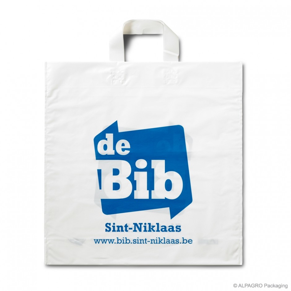 Loop handle carrier bag 'BIB St Niklaas', bioplastic, white coloured, 60µ, 39 x 42 + 4 cm